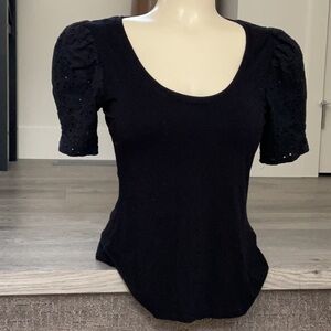 INC Black  Scoop-neck T-shirt with eyelet sleeves.